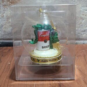 Campbells Soup Can Green Bow Clear Glass Ball Ornament Happy Holidays